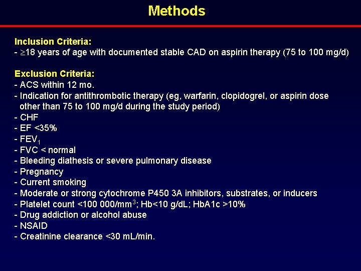 Methods Inclusion Criteria: - 18 years of age with documented stable CAD on aspirin