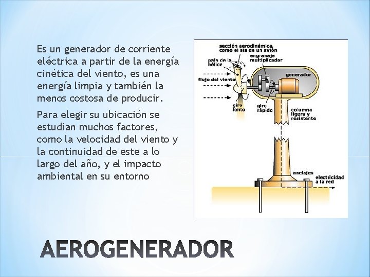 Es un generador de corriente eléctrica a partir de la energía cinética del viento,