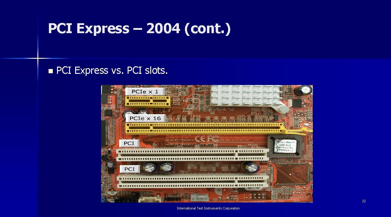 PCI Express – 2004 (cont. ) n PCI Express vs. PCI slots. 22 International