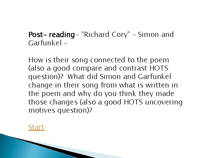 Post- reading- “Richard Cory” – Simon and Garfunkel – How is their song connected
