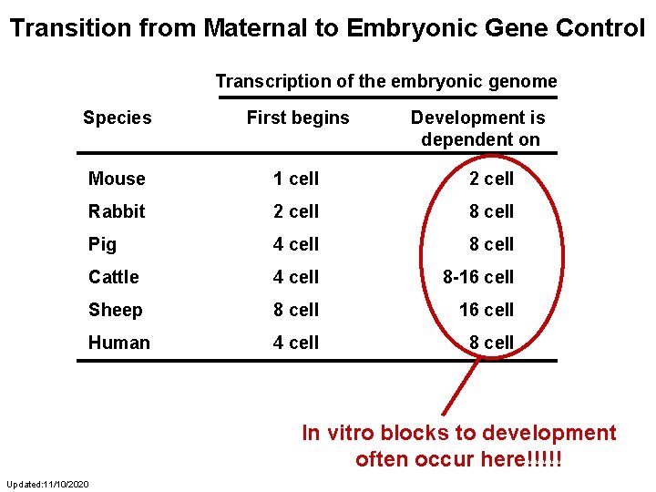 Transition from Maternal to Embryonic Gene Control Transcription of the embryonic genome Species First
