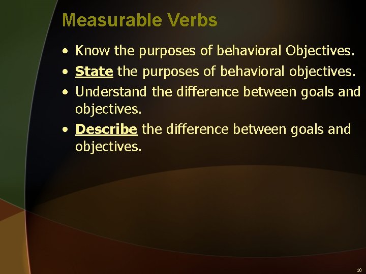 Measurable Verbs • Know the purposes of behavioral Objectives. • State the purposes of
