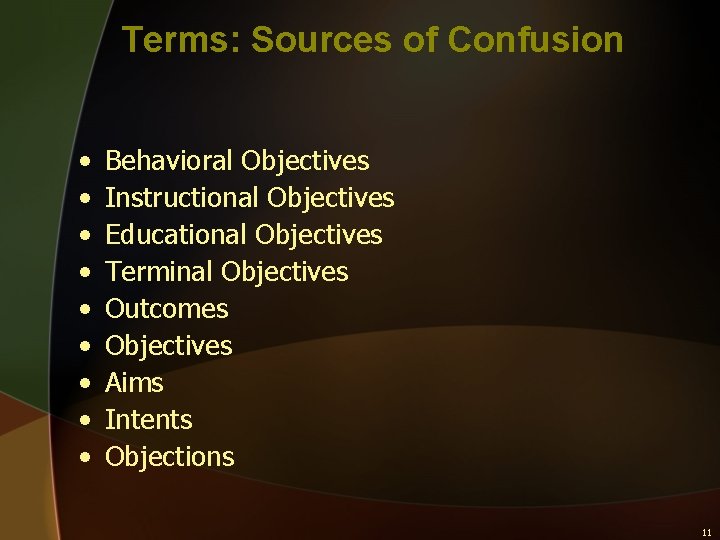 Terms: Sources of Confusion • • • Behavioral Objectives Instructional Objectives Educational Objectives Terminal