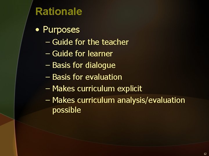 Rationale • Purposes – Guide for the teacher – Guide for learner – Basis