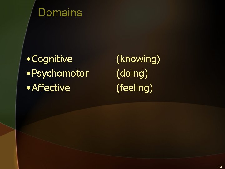 Domains • Cognitive • Psychomotor • Affective (knowing) (doing) (feeling) 13 