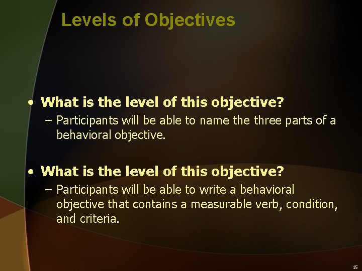 Levels of Objectives • What is the level of this objective? – Participants will