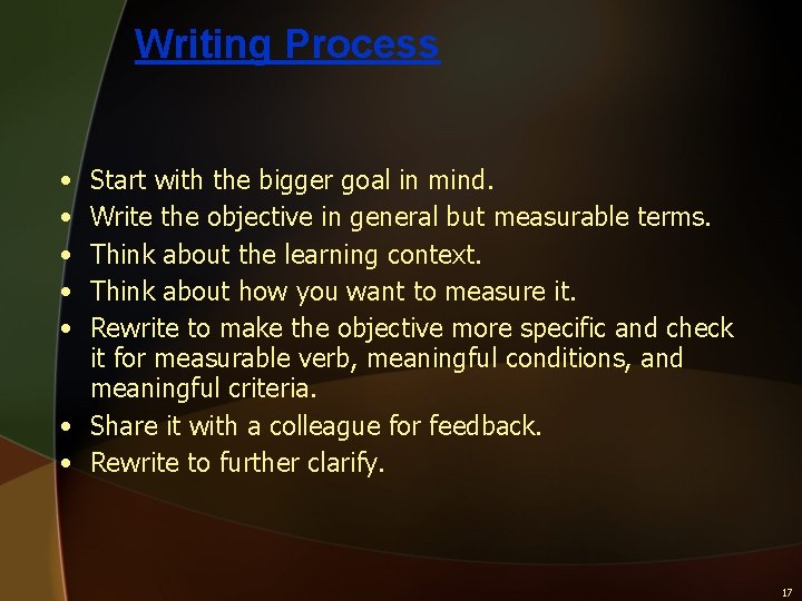 Writing Process • • • Start with the bigger goal in mind. Write the