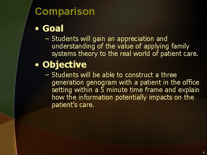 Comparison • Goal – Students will gain an appreciation and understanding of the value