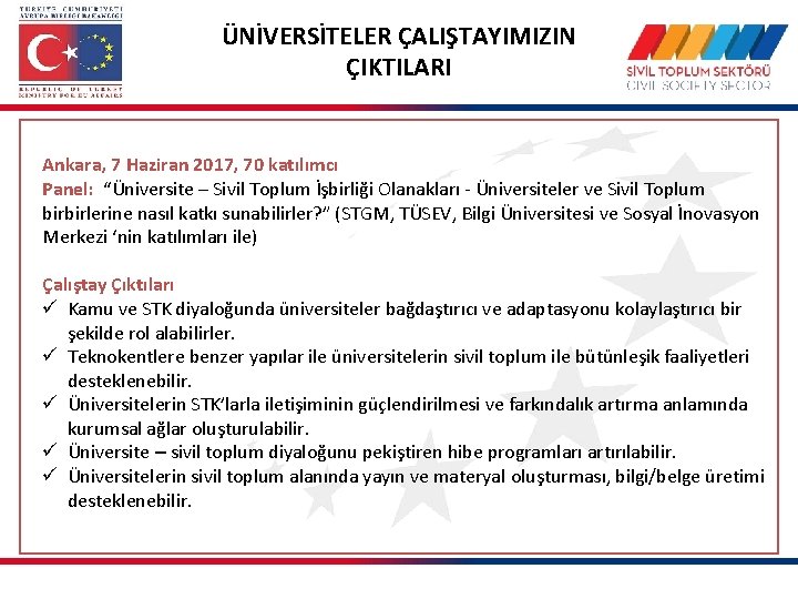 ÜNİVERSİTELER ÇALIŞTAYIMIZIN ÇIKTILARI Ankara, 7 Haziran 2017, 70 katılımcı Panel: “Üniversite – Sivil Toplum