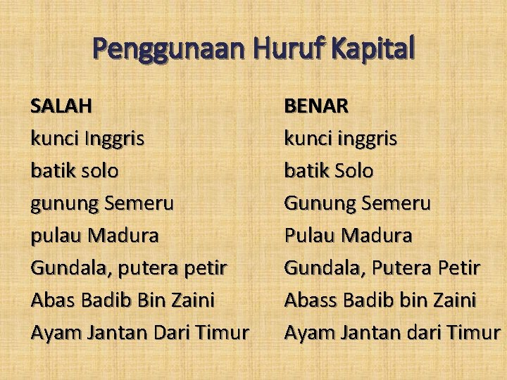 Penggunaan Huruf Kapital SALAH kunci Inggris batik solo gunung Semeru pulau Madura Gundala, putera