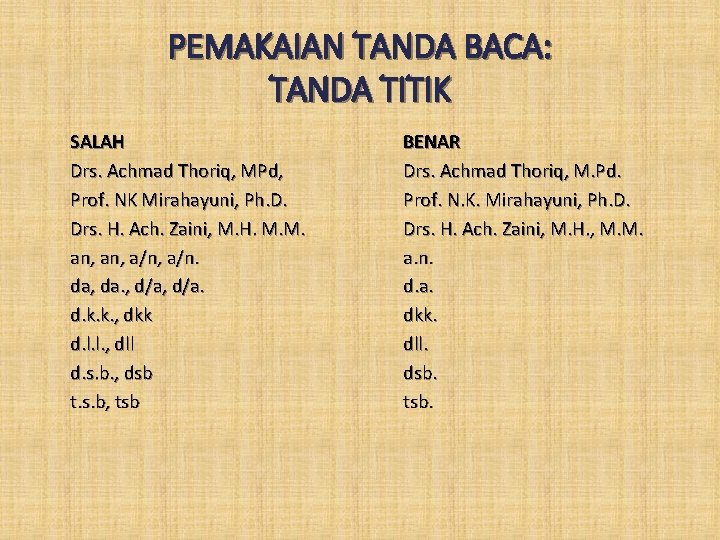 PEMAKAIAN TANDA BACA: TANDA TITIK SALAH Drs. Achmad Thoriq, MPd, Prof. NK Mirahayuni, Ph.