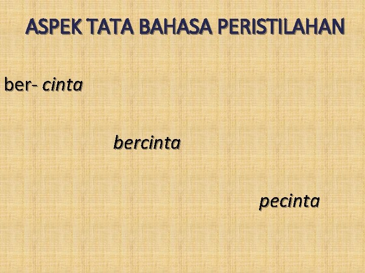ASPEK TATA BAHASA PERISTILAHAN ber- cinta bercinta pecinta 