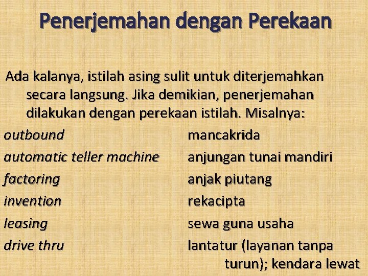 Penerjemahan dengan Perekaan Ada kalanya, istilah asing sulit untuk diterjemahkan secara langsung. Jika demikian,