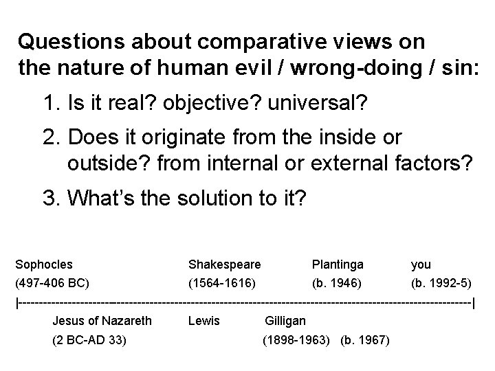 Questions about comparative views on the nature of human evil / wrong-doing / sin: