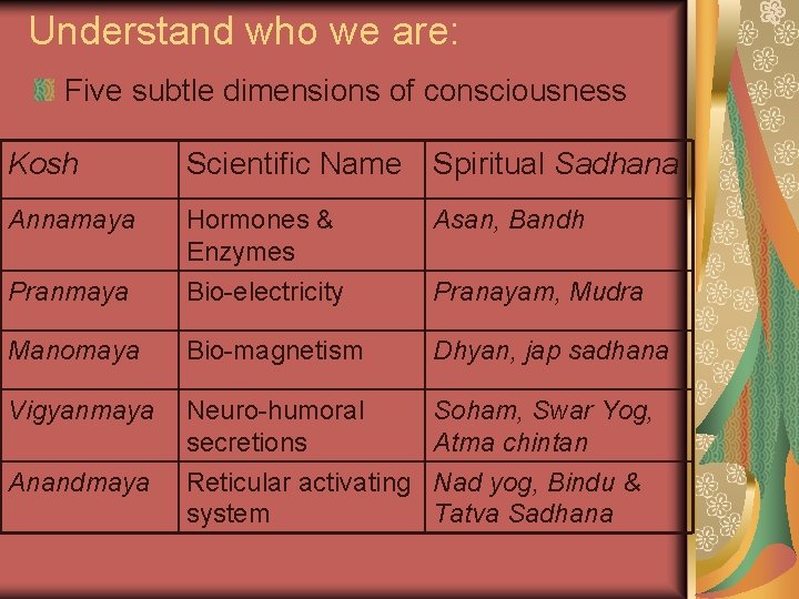 Understand who we are: Five subtle dimensions of consciousness Kosh Scientific Name Spiritual Sadhana