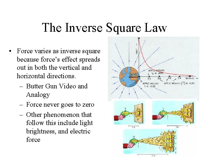 The Inverse Square Law • Force varies as inverse square because force’s effect spreads