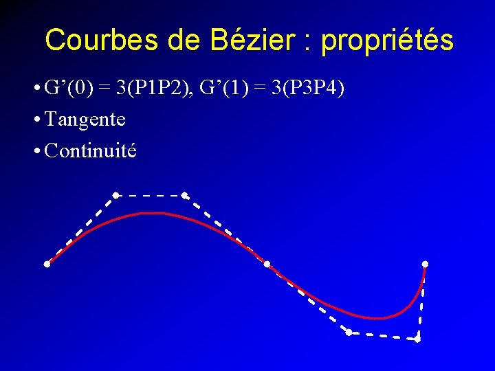 Courbes de Bézier : propriétés • G’(0) = 3(P 1 P 2), G’(1) =