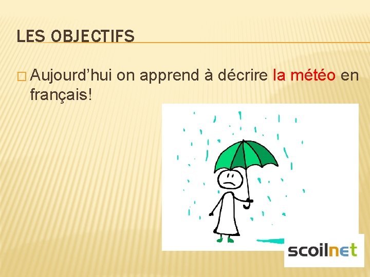 LES OBJECTIFS � Aujourd’hui français! on apprend à décrire la météo en 