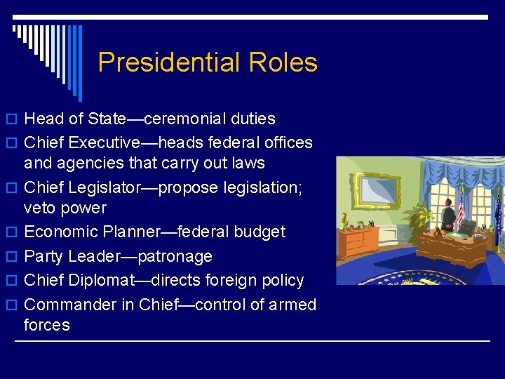Presidential Roles o Head of State—ceremonial duties o Chief Executive—heads federal offices o o