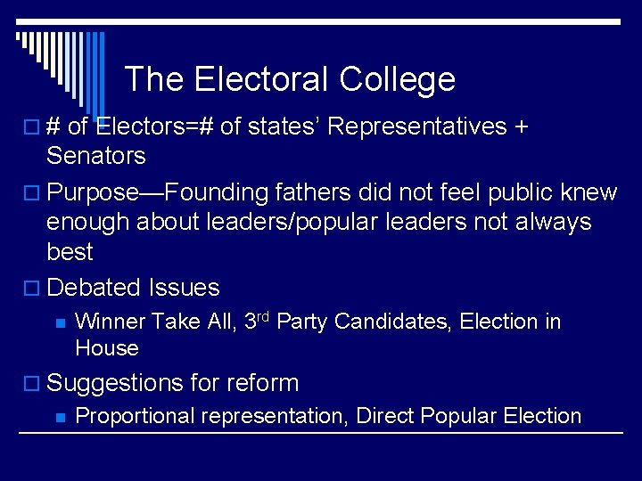 The Electoral College o # of Electors=# of states’ Representatives + Senators o Purpose—Founding