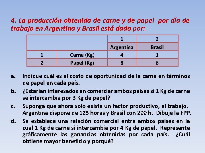 4. La producción obtenida de carne y de papel por día de trabajo en