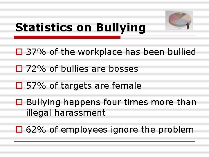 Statistics on Bullying o 37% of the workplace has been bullied o 72% of