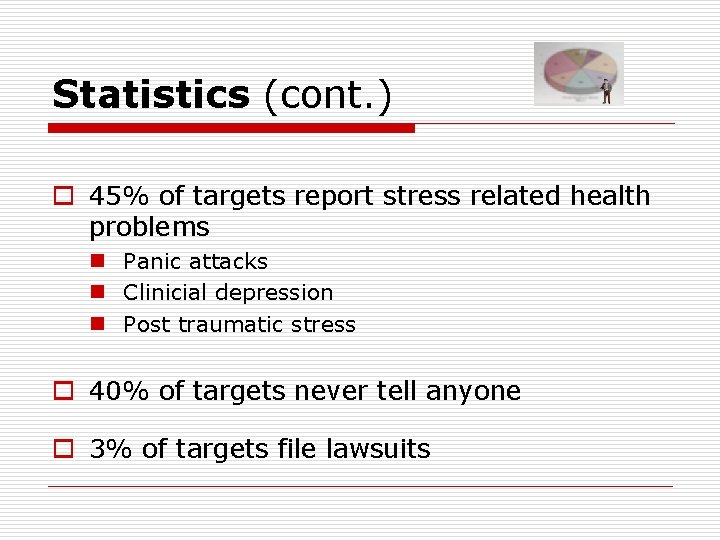 Statistics (cont. ) o 45% of targets report stress related health problems n Panic