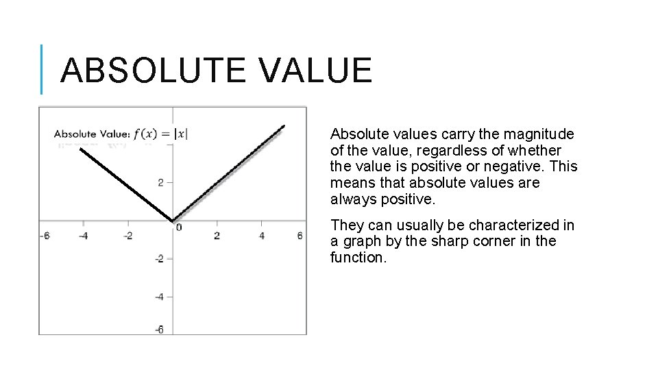 ABSOLUTE VALUE Absolute values carry the magnitude of the value, regardless of whether the