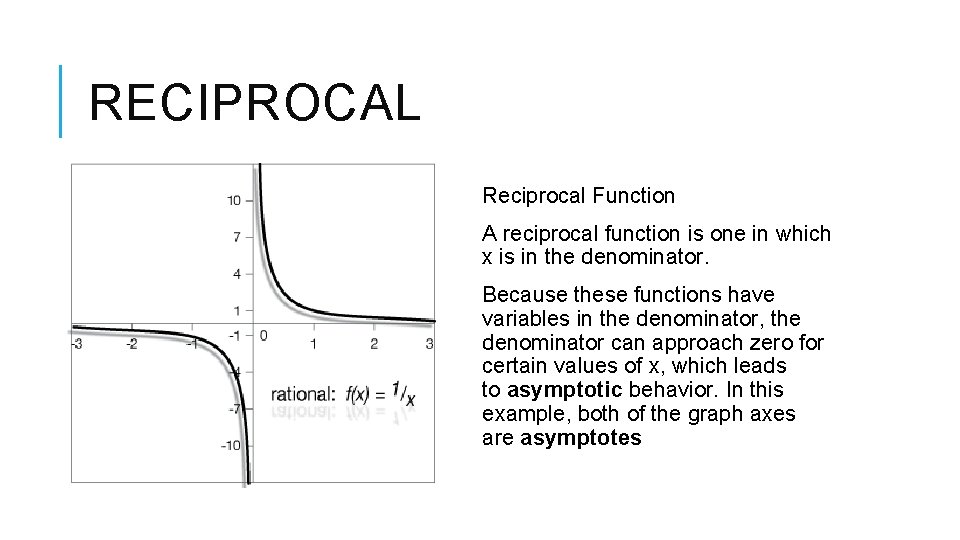 RECIPROCAL Reciprocal Function A reciprocal function is one in which x is in the