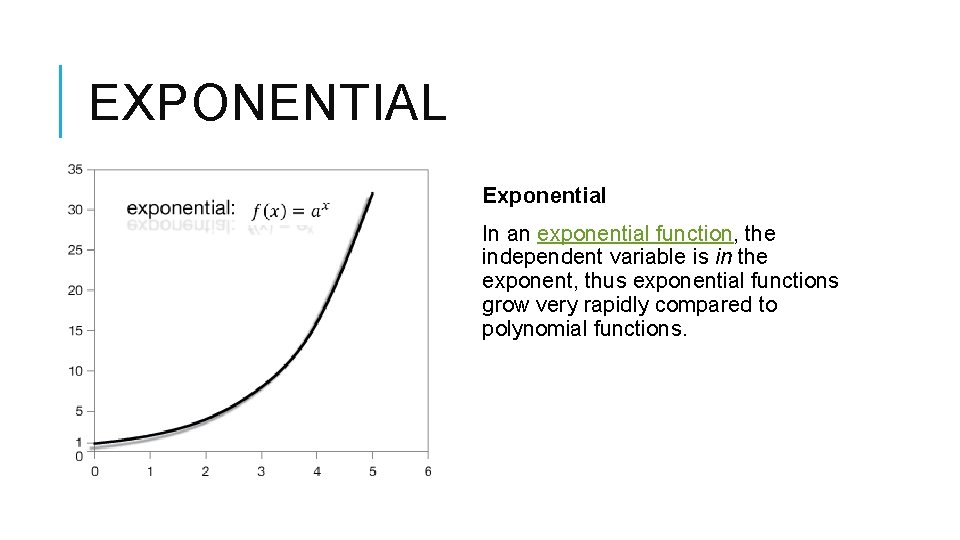 EXPONENTIAL Exponential In an exponential function, the independent variable is in the exponent, thus