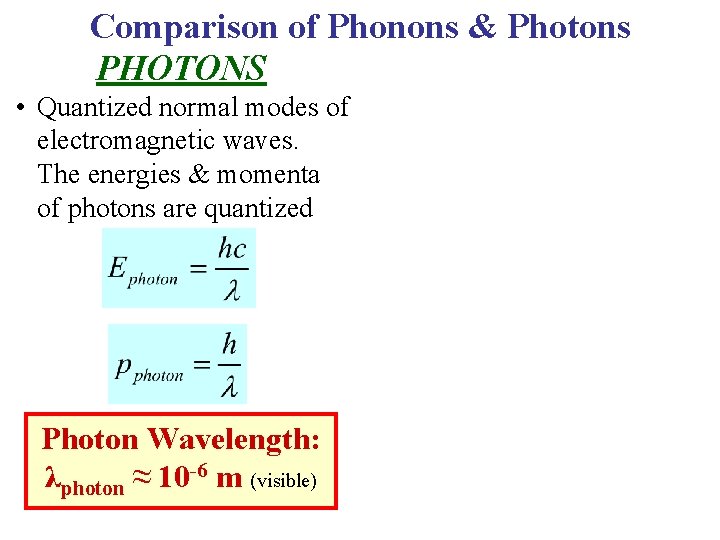 Comparison of Phonons & Photons PHOTONS • Quantized normal modes of electromagnetic waves. The