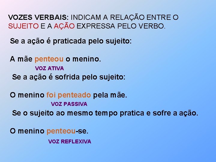 VOZES VERBAIS: INDICAM A RELAÇÃO ENTRE O SUJEITO E A AÇÃO EXPRESSA PELO VERBO.