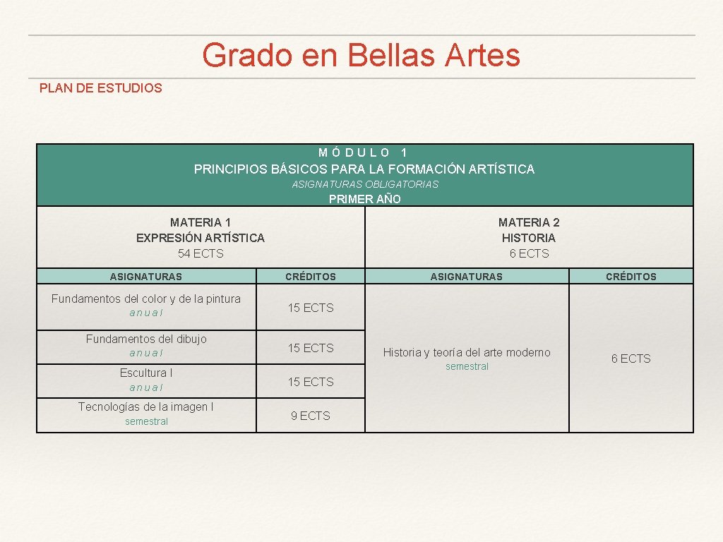 Grado en Bellas Artes PLAN DE ESTUDIOS MÓDULO 1 PRINCIPIOS BÁSICOS PARA LA FORMACIÓN