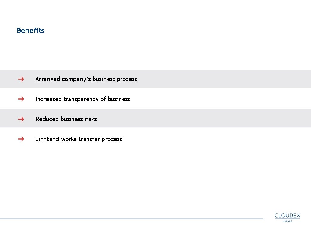 Benefits Arranged company’s business process Increased transparency of business Reduced business risks Lightend works