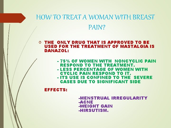HOW TO TREAT A WOMAN WITH BREAST PAIN? THE ONLY DRUG THAT IS APPROVED