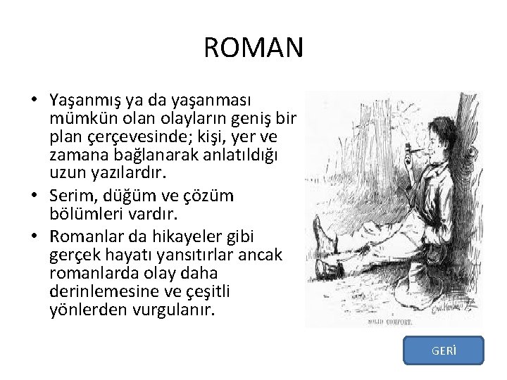 ROMAN • Yaşanmış ya da yaşanması mümkün olayların geniş bir plan çerçevesinde; kişi, yer