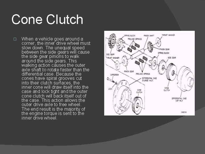 Cone Clutch � When a vehicle goes around a corner, the inner drive wheel