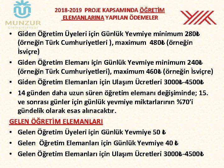 2018 -2019 PROJE KAPSAMINDA ÖĞRETİM ELEMANLARINA YAPILAN ÖDEMELER • Giden Öğretim Üyeleri için Günlük