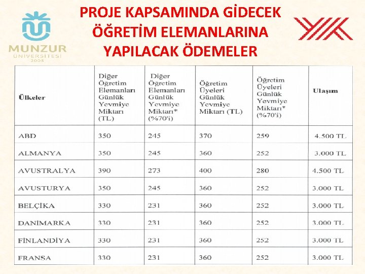 PROJE KAPSAMINDA GİDECEK ÖĞRETİM ELEMANLARINA YAPILACAK ÖDEMELER 