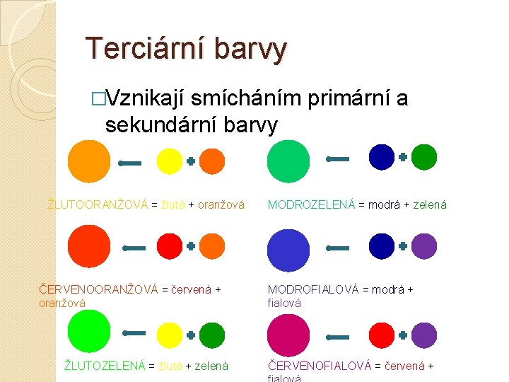 Terciární barvy �Vznikají smícháním primární a sekundární barvy ŽLUTOORANŽOVÁ = žlutá + oranžová ČERVENOORANŽOVÁ