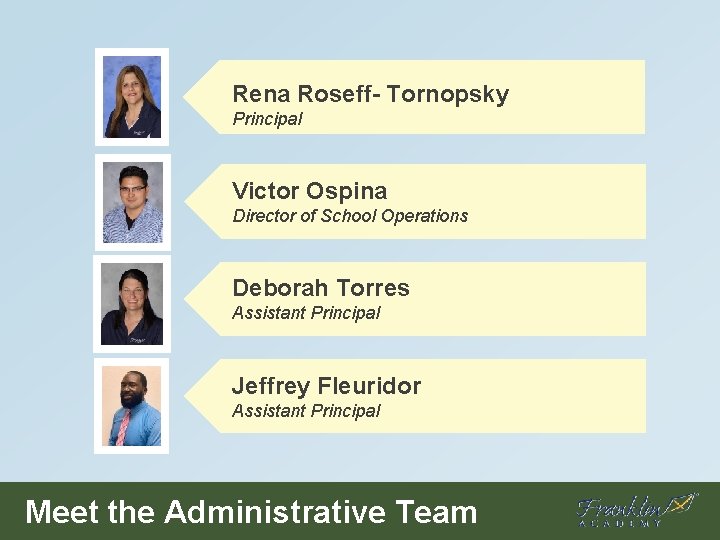 Rena Roseff- Tornopsky Principal Victor Ospina Director of School Operations Deborah Torres Assistant Principal