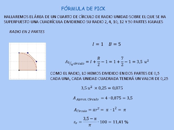 FÓRMULA DE PICK HALLAREMOS EL ÁREA DE UN CUARTO DE CÍRCULO DE RADIO UNIDAD