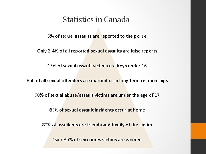 Statistics in Canada 6% of sexual assaults are reported to the police Only 2