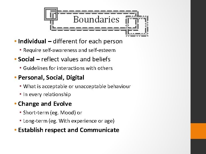 Boundaries • Individual – different for each person • Require self-awareness and self-esteem •