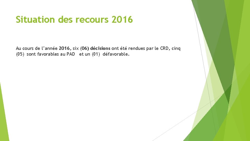 Situation des recours 2016 Au cours de l’année 2016, six (06) décisions ont été