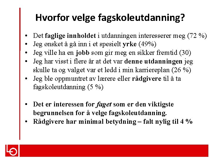 Hvorfor velge fagskoleutdanning? • • Det faglige innholdet i utdanningen interesserer meg (72 %)