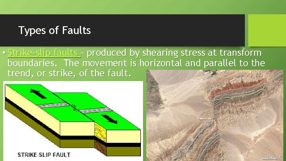 Types of Faults • Strike-slip faults – produced by shearing stress at transform boundaries.