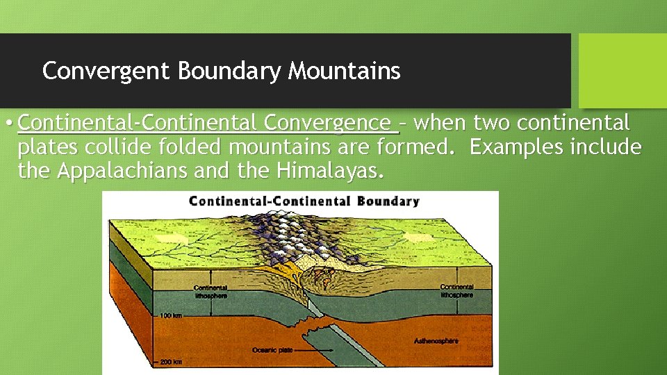 Convergent Boundary Mountains • Continental-Continental Convergence – when two continental plates collide folded mountains