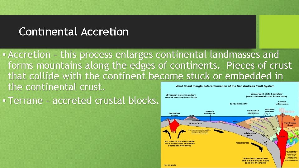 Continental Accretion • Accretion – this process enlarges continental landmasses and forms mountains along