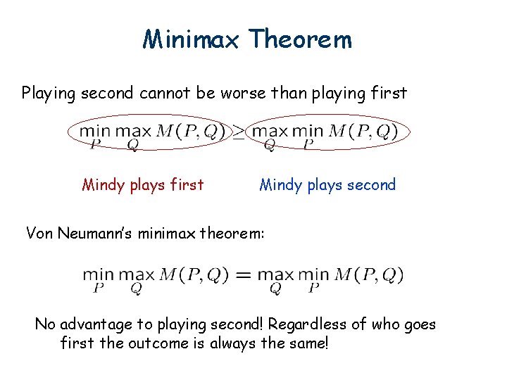 Minimax Theorem Playing second cannot be worse than playing first Mindy plays second Von Minimax Theorem Playing second cannot be worse than playing first Mindy plays second Von
